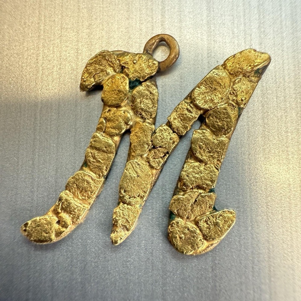 Natural Solid Gold Nugget On Brass Letter "M" Initial Charm Pendant 1.7 gr